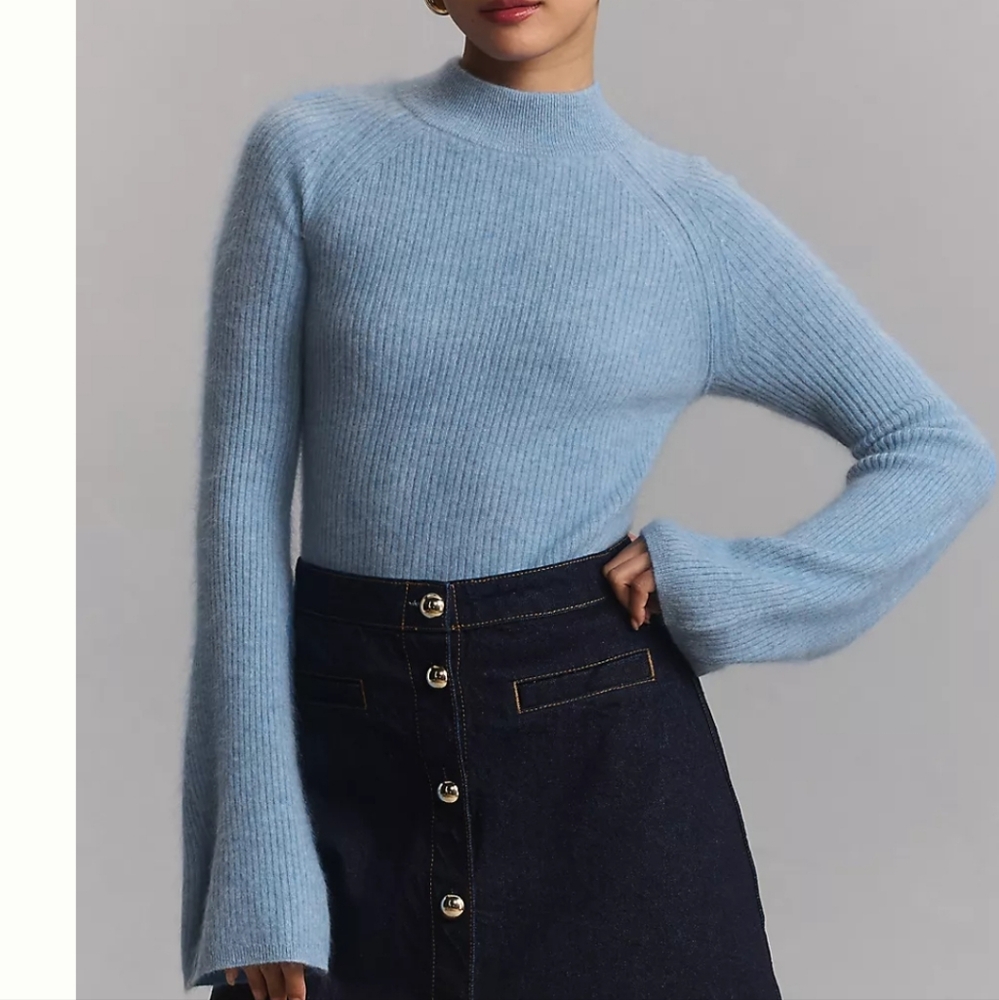 Blue Cowl Neck Sweater with Voluminous Sleeves Cashmere